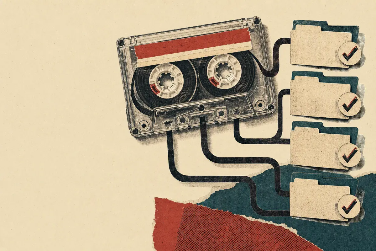 A collage of a cassette whose tape leads to four checked project folders
